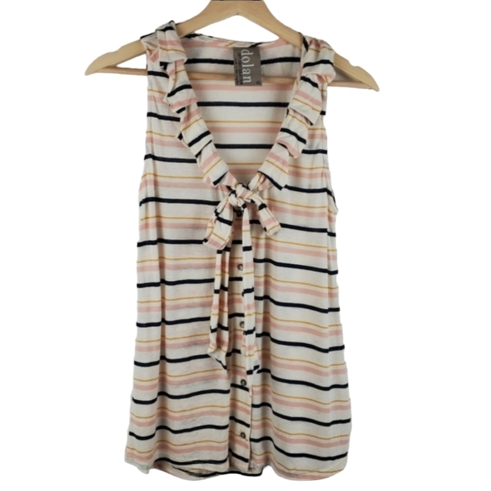 Dolan Button up Tank Top XS Xsmall Cream Stripes Vneck Ruffle Neck‎ Bow Jersey